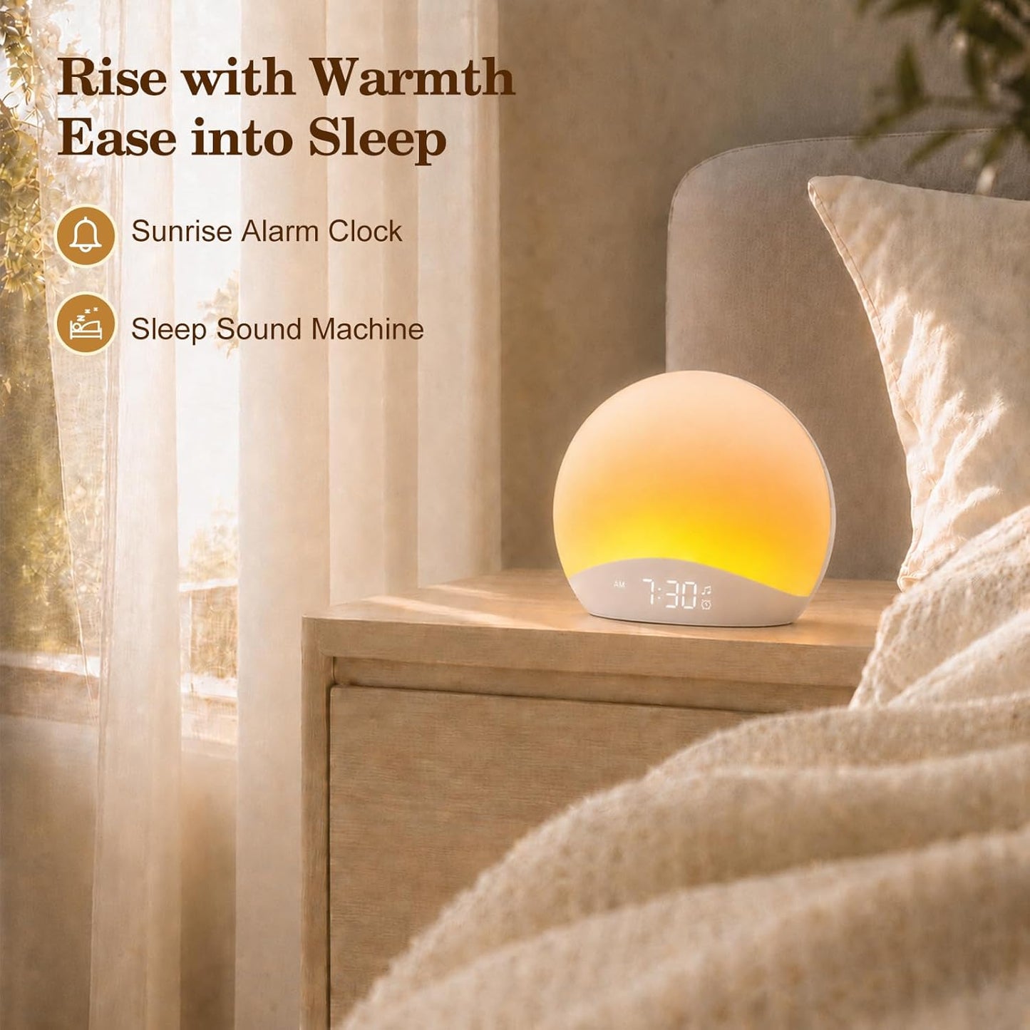 REACHER Sound Machine Sunrise Alarm Clock with Night Light, 26 Nature Inspired Sleep Sounds, 0-100% Dimmable Clock, Sunrise Lamp, Wake Up Light, Brown/Pink/White Noise Machine for Babys, Adults, Kids
