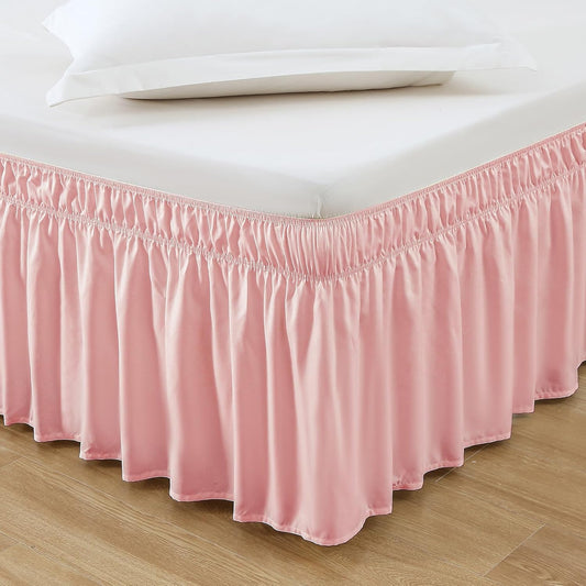MEILA Wrap Around Bed Skirt Three Fabric Sides Elastic Dust Ruffled 16 Inch Tailored Drop,Easy to Install Fade Resistant-Pink, Queen/King