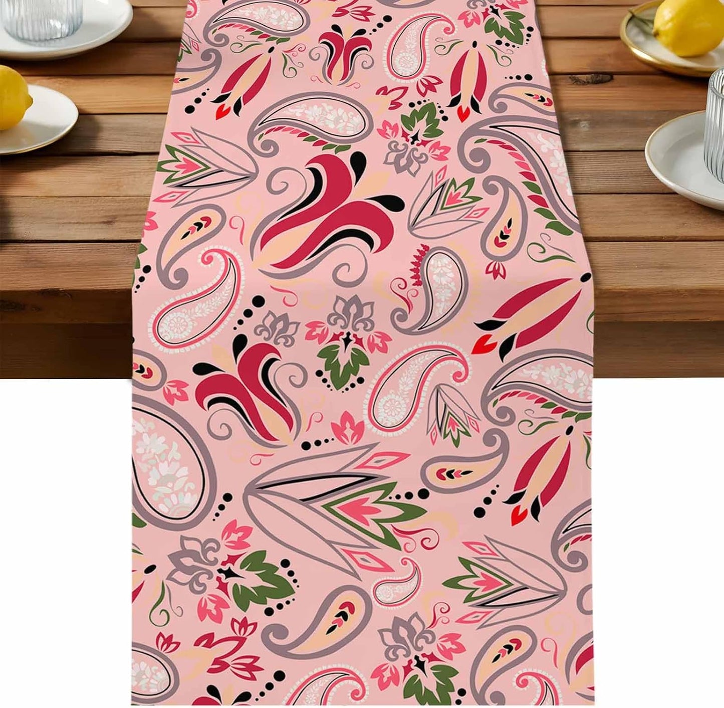 Vintage Baroque Style Floral Table Runners 13x72 Inches Long Linen Burlap Table Runner, Abstract Pink Paisley Flowers Tablerunners Dresser Scarf for Kitchen Dining Holiday Party Wedding Gathering
