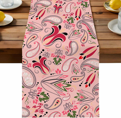 Vintage Baroque Style Floral Table Runners 13x72 Inches Long Linen Burlap Table Runner, Abstract Pink Paisley Flowers Tablerunners Dresser Scarf for Kitchen Dining Holiday Party Wedding Gathering