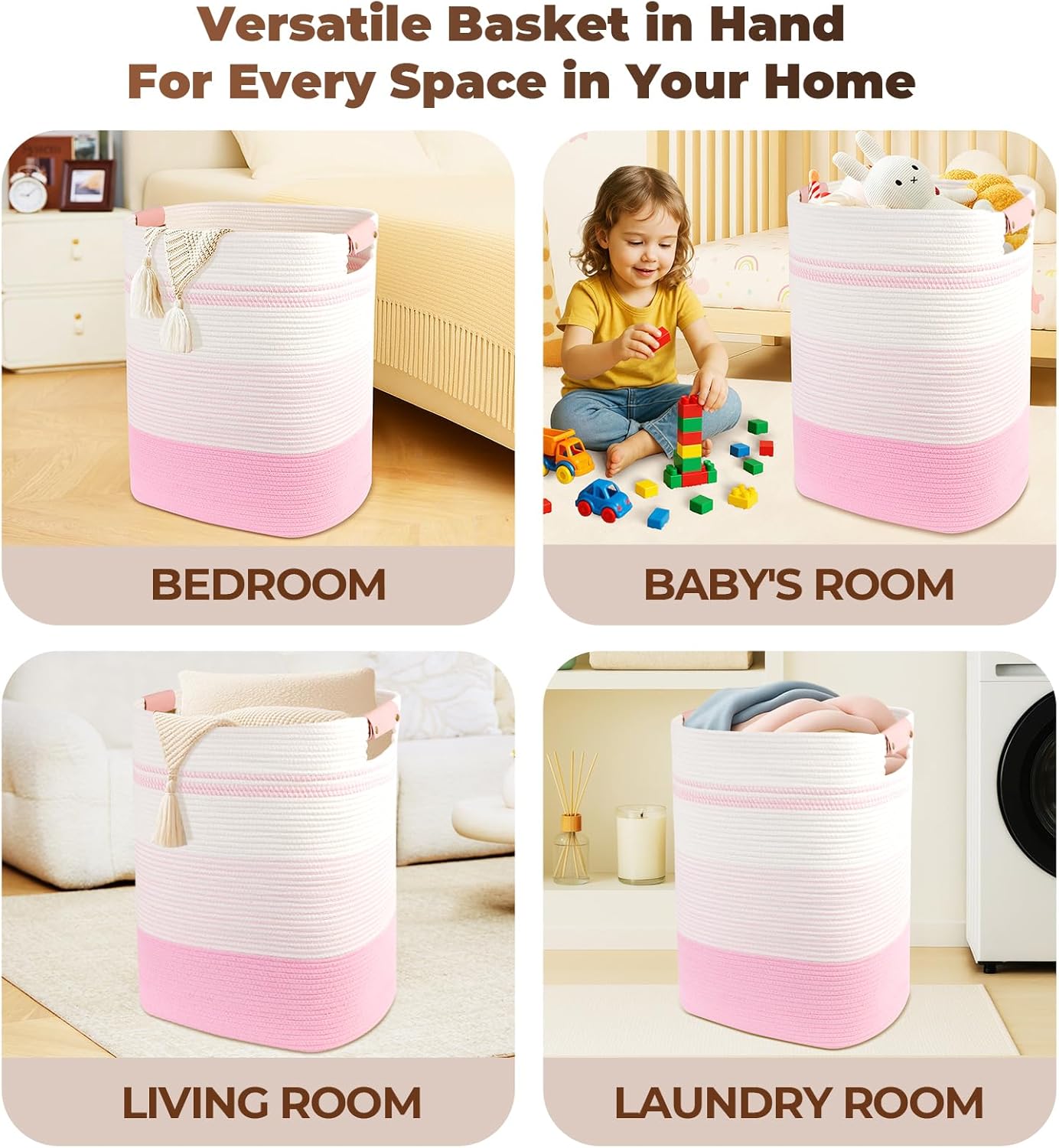 AINUOQI Laundry Basket with Handles - Blanket Basket & Hampers for Bedroom Aesthetic, Laundry Hamper & Blanket Storage for Living Room, Clothes Hamper, Tall, Large 17" x 14" x 22”, Pink & White