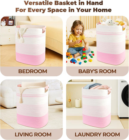 AINUOQI Laundry Basket with Handles - Blanket Basket & Hampers for Bedroom Aesthetic, Laundry Hamper & Blanket Storage for Living Room, Clothes Hamper, Tall, Large 17" x 14" x 22”, Pink & White