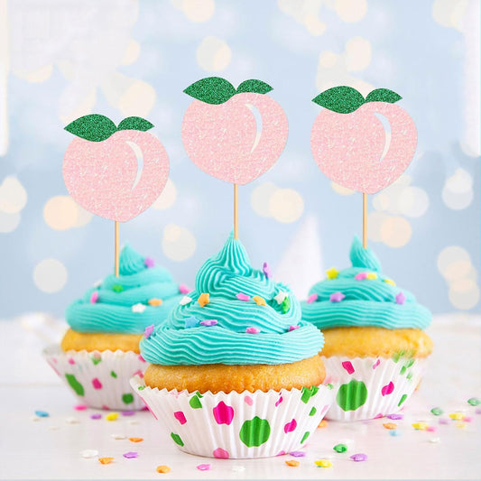 24PCS Glitter Pink Peach Cupcake Toppers Honey Peachs Cupcake Picks For Fruits Baby Shower Peach Theme Boys Girls Birthday Cupake Decoration Fruit Party Decorations