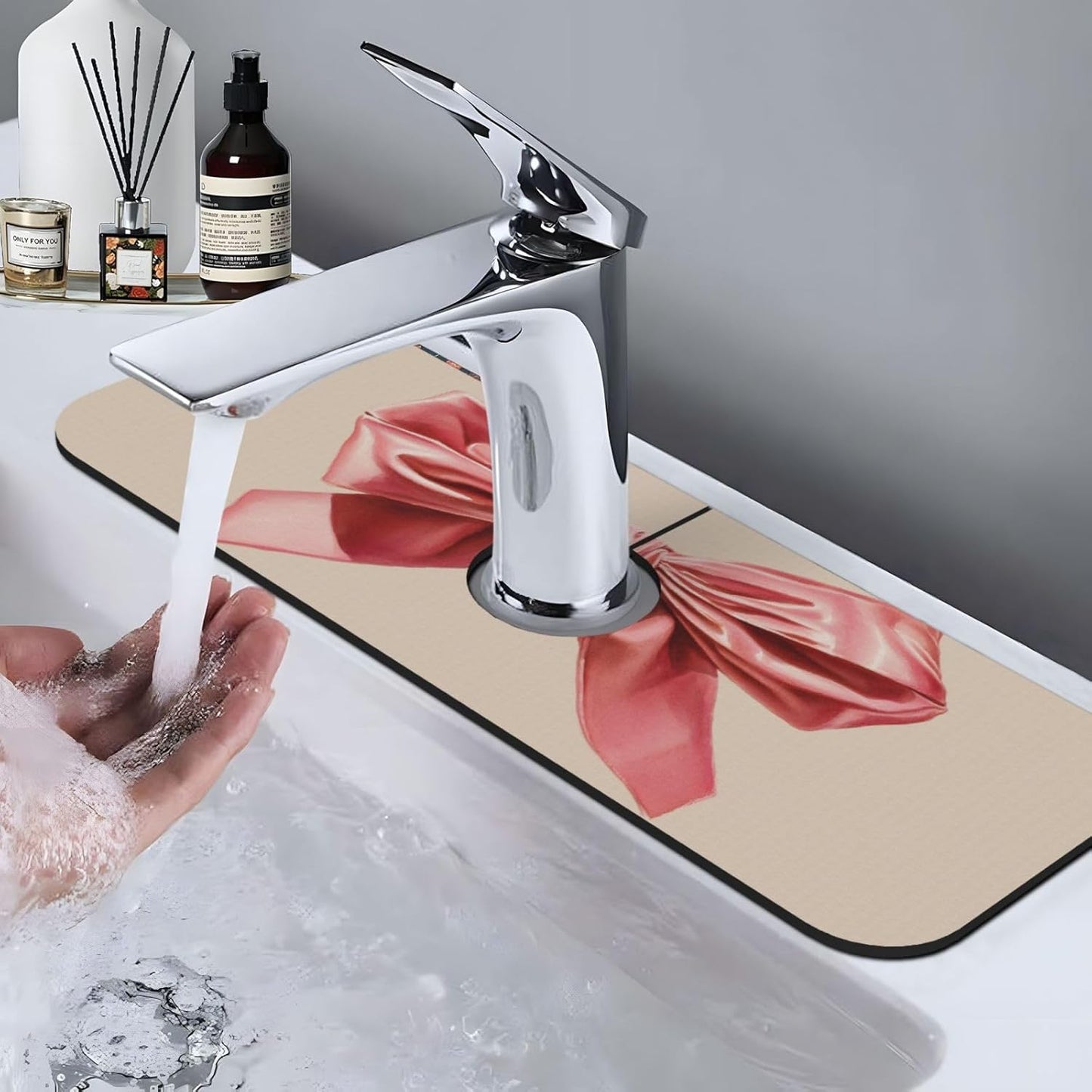 Watercolor Pink Velvet Bow On Light Beige Faucet Mat Splash Guard, Absorbent Quick-Dry Kitchen Sink Mat,Ideal For Splash Guard Drip Catching