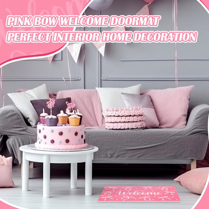 Mindsoft Pink Welcome Mat Bow Front Door Mat for Girls Home Decor Princess Coquette Rug 18 x 30 Inch Sweet Home Indoor Holiday Decoration
