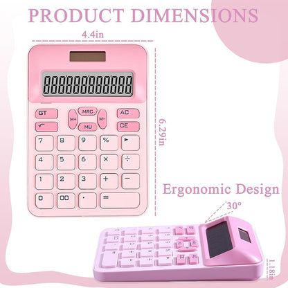 Cute Calculator with DIY Kitty Stickers, Pink Calculator 12 Digit Large LCD Display, Solar and Battery Powered, Office Accessories for Desk, Desktop Calculators for Office School (Pink)