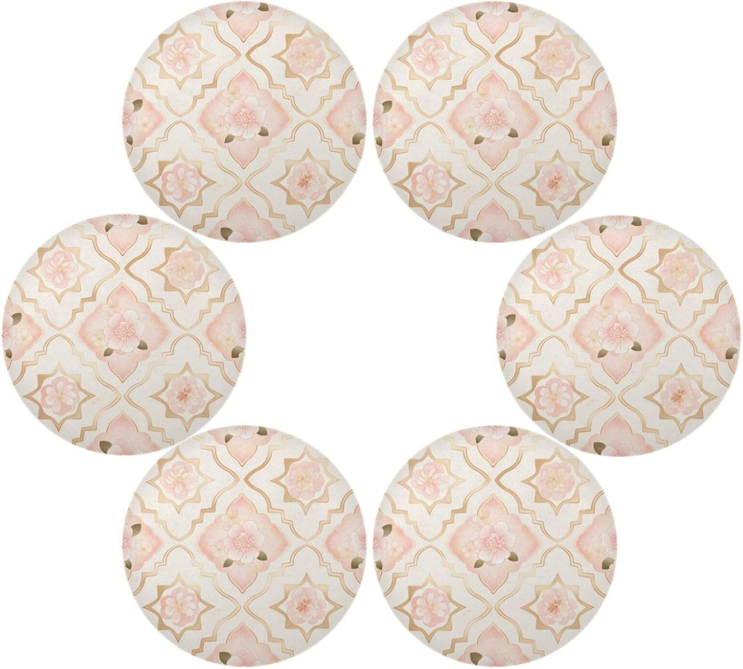 Rosette Pattern Peach Gold Floral Round Reversible placemats Heat Resistant Waterproof Set of 6 placemats for Dining Table 15.4x15.4in
