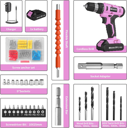 FADAKWALT Cordless Drill Set, 20V Electric Power Drill With Battery And Charger, 30N Torque, 21+1 Settings, 3/8-Inch Keyless Chuck, Driver Bits Kit, LED Light (Pink)