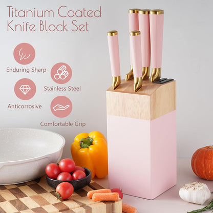 Gold Knife Set, 7 Pieces Titanium Coated Knife Block Set with Pink Wood Block, Ultra Sharp Stainless Steel Chef Knife Sets for Kitchen Built-in Sharpener, Kitchen Accessories and Decor (Pink)