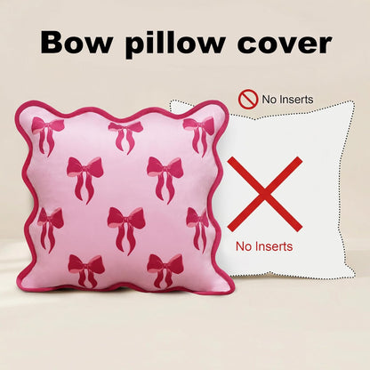 Pink Bow Pillow Covers 18x18 Set of 2, Scalloped Pillow Cases,Plush Bowknot Aesthetic Decor for Bed Sofa Couch,All Season Christmas Home Accents