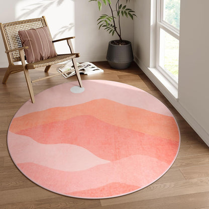 Pink Round Rugs, 4Ft Soft Nursery Rug Non Slip Washable Circle Rug, Modern Mountain Playroom Mat Sunrise Sunset Round Carpet for Kids Room Entryway Bedroom Living Room Dorm