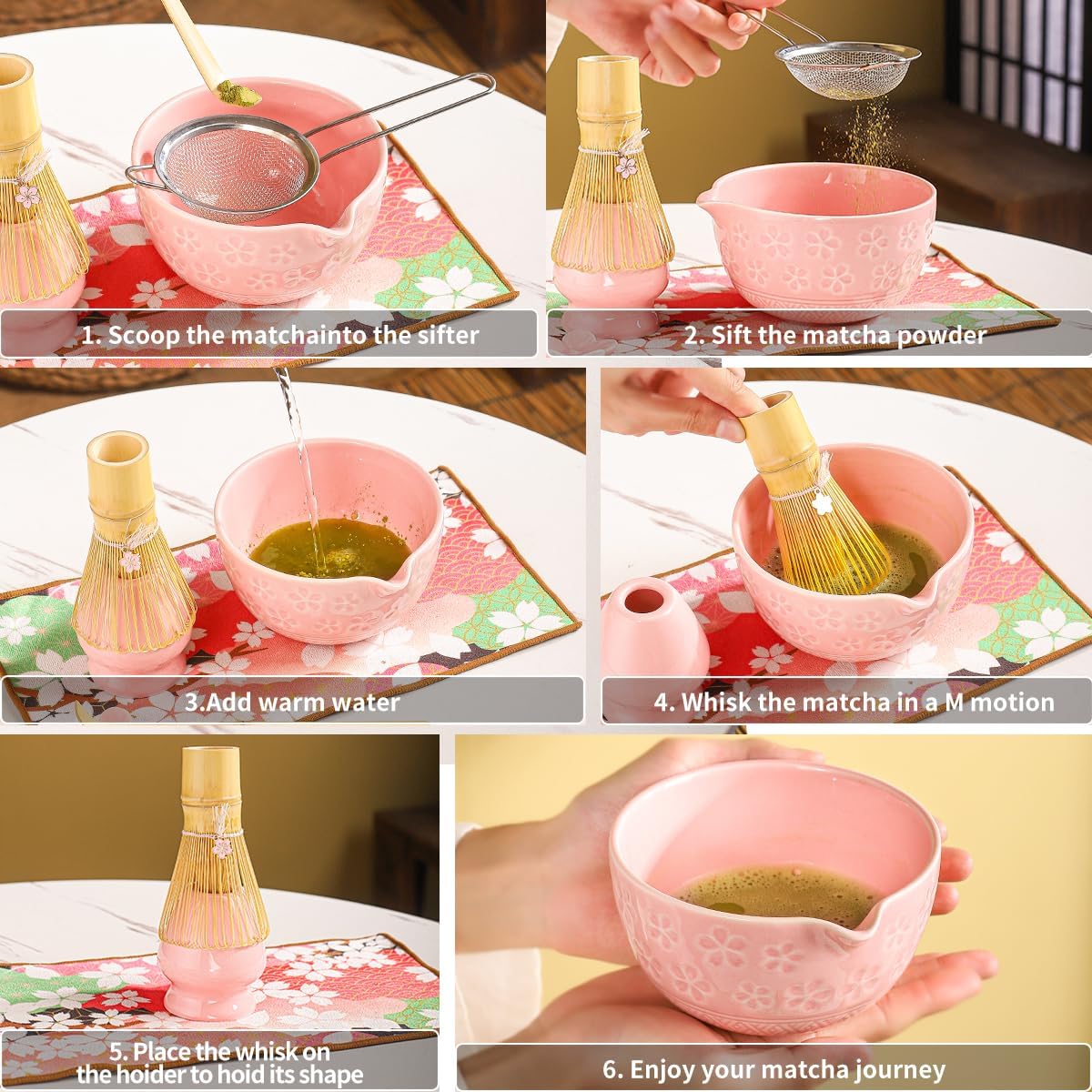 8-Piece Matcha Ceremony Set - Tea Kit with Cherry Blossom Bowl, Bamboo Whisk, Wood Scoops, Tea Cloth & Floral Display - Gift-Ready Pink Cherry color box (pink)