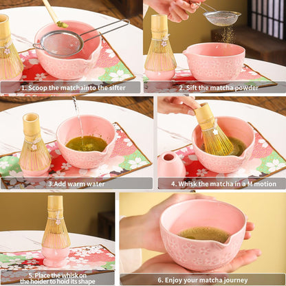 8-Piece Matcha Ceremony Set - Tea Kit with Cherry Blossom Bowl, Bamboo Whisk, Wood Scoops, Tea Cloth & Floral Display - Gift-Ready Pink Cherry color box (pink)