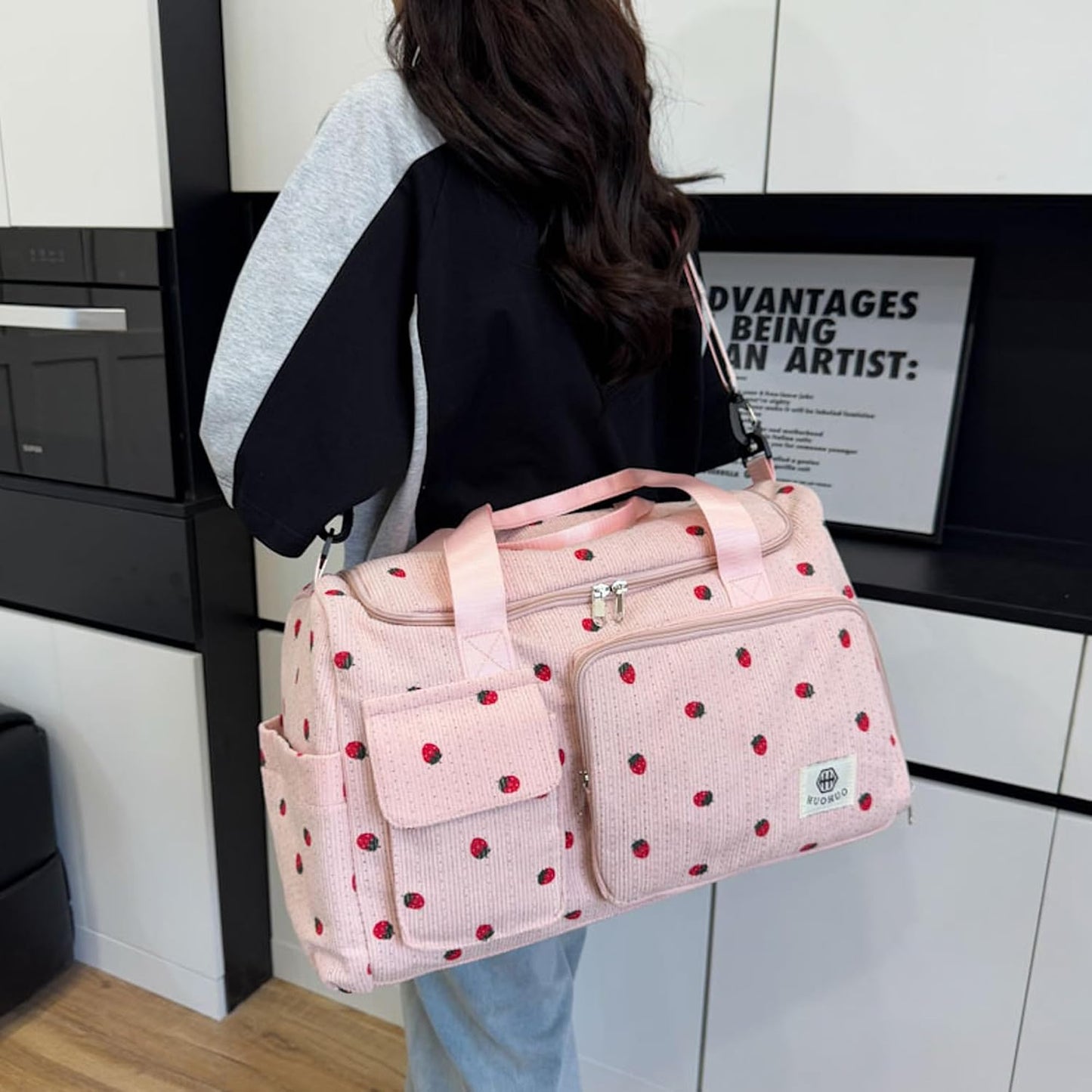 Eslcorri Women Travel Duffle Bag with Small Pouch- Corduroy Sports Duffel Bag with Shoe &Wet Pocket Carry on Personal Item Luggage Boarding Bag Cute Overnight Weekender for Camping Fitness - Pink