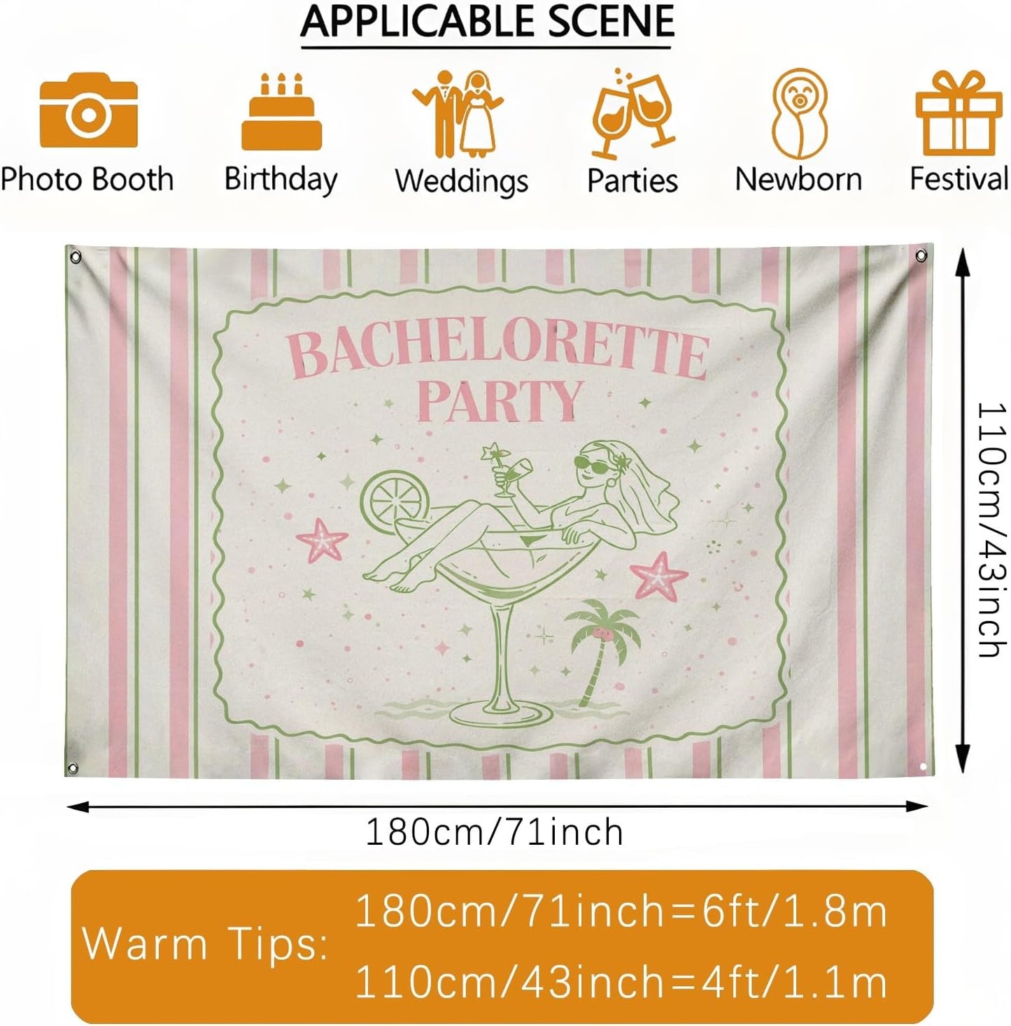 Bachelorette Party Backdrop, Retro Peach Green Striped Decoration, Fun Cocktail Theme Indoor/Outdoor Photo Background for Celebrations 71x43 Inch