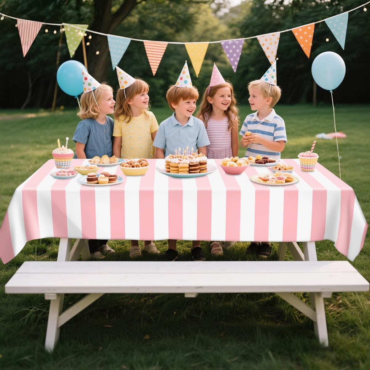4 Pcs Pink and White Striped Tablecloths Plastic Pink Stripe Tablecloths Waterproof Rectangle Striped Tablecloth for Holiday Picnic Birthday Theme Party Decorations, 52 x 86 in