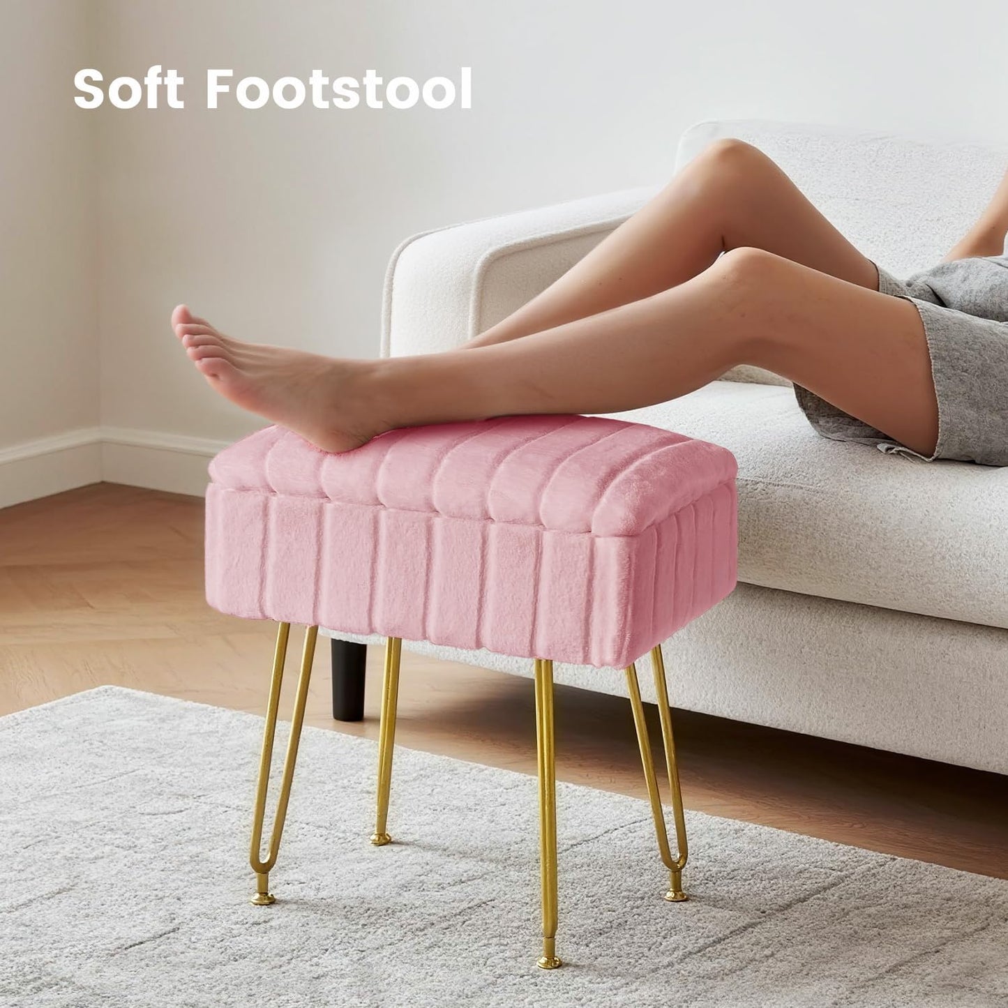 FUXA Vanity Stool with Storage, Pink Vanity Chair 4 Metal Legs with Anti-Slip Feet, Faux Fur Soft Padded Seat, Cute Small Footstool Ottoman, Modern Multifunctional Chairs for Makeup Bedroom