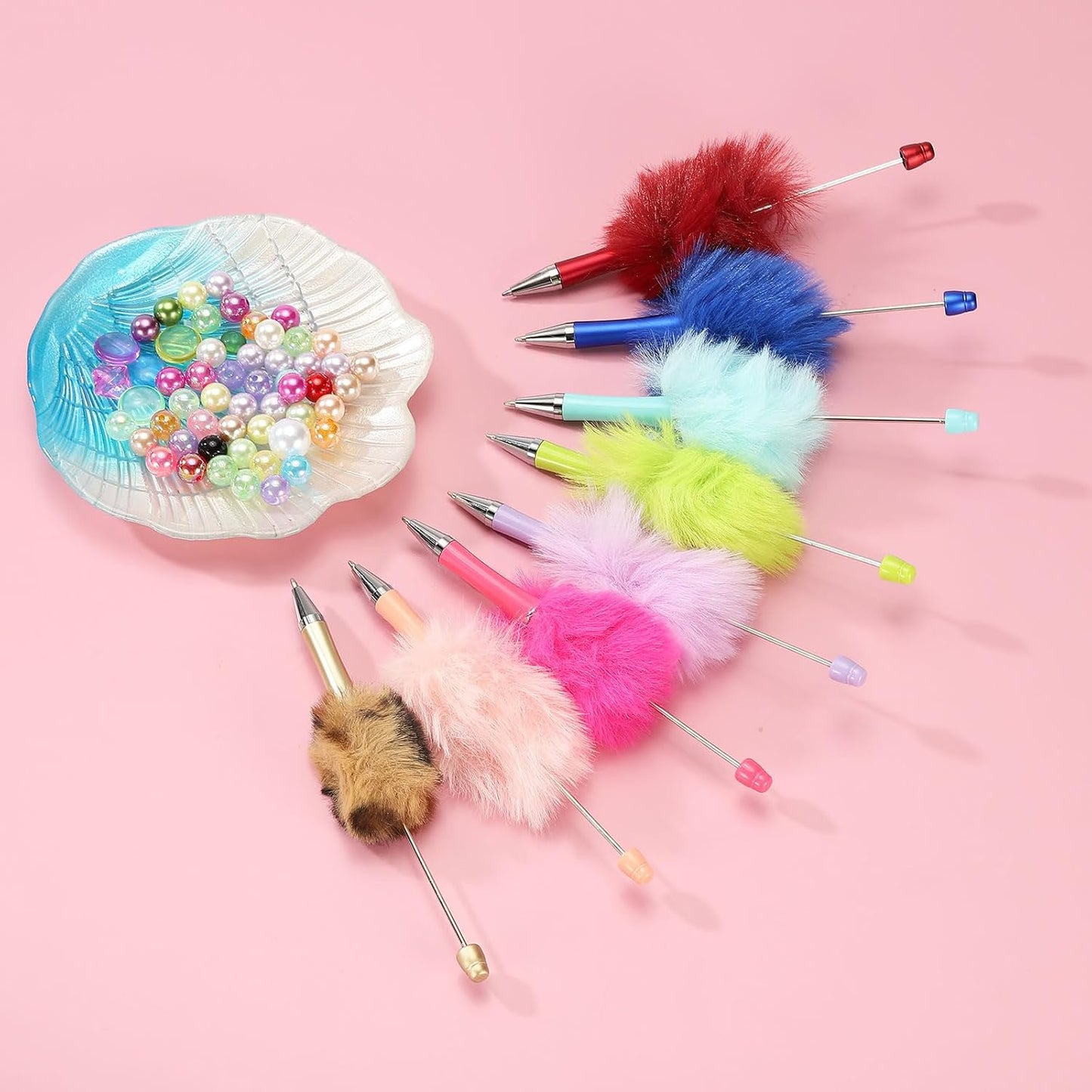 PATIKIL 5Pcs Fluffy Beadable Pens, Plush Fuzzy Plastic Bead Pen Bead Ballpoint for DIY Gift Writing Office Supplies, Light Pink