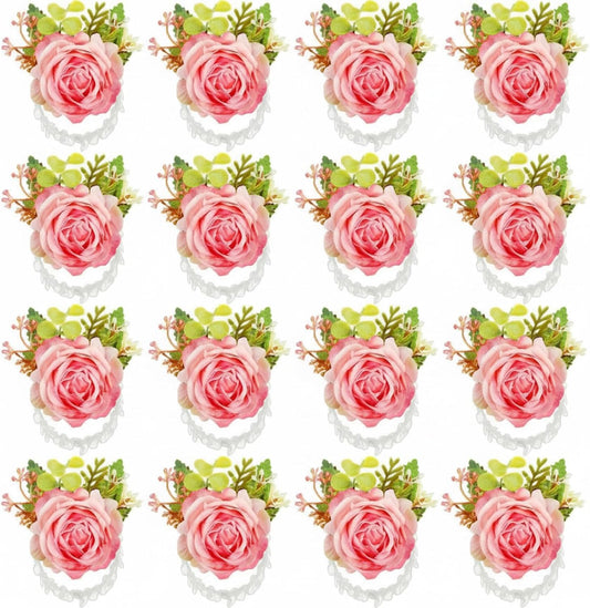 Sherr 24 Pcs Wedding Rose Wrist Corsage Wristlet Band for Bridal Bridesmaid Women Flowers Bracelets Decor Wedding Artificial Flowers for Party Prom Homecoming (Peach Pink)