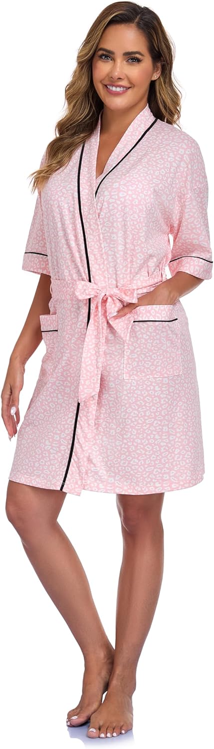COLORFULLEAF Women's 100% Cotton Robes Summer Short Sleeve Robe Lightweight Knee Length Bathrobe Loungewear with Pockets