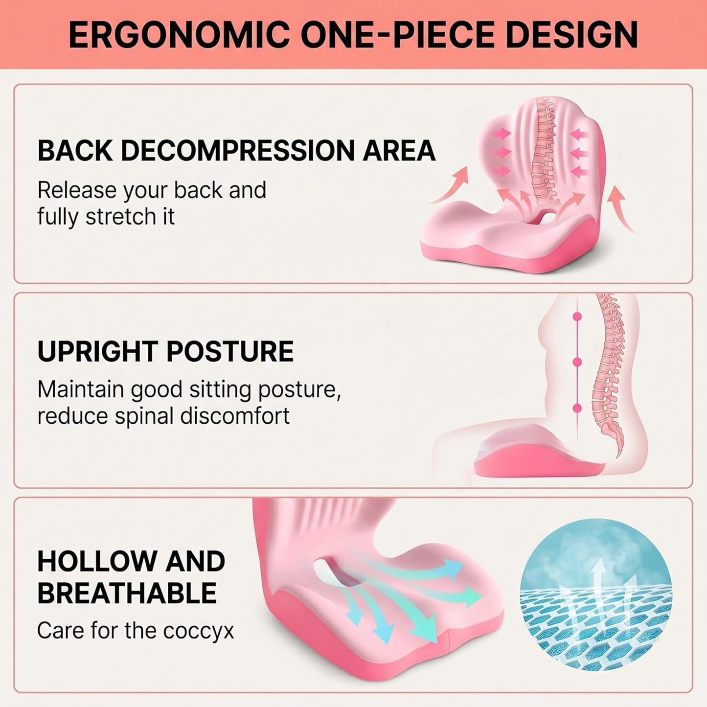Ergonomic Lumbar & Seat Support Cushion, 2-in-1 Memory Foam Cushion with Coccyx Hollow Design for Office Chair, Car Seat, Home Use - Relieves Back & Hip Pain (Pink)