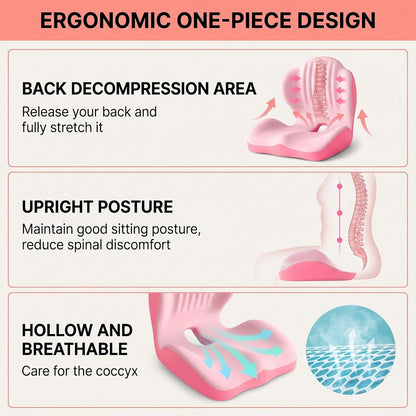 Ergonomic Lumbar & Seat Support Cushion, 2-in-1 Memory Foam Cushion with Coccyx Hollow Design for Office Chair, Car Seat, Home Use - Relieves Back & Hip Pain (Pink)