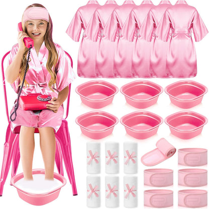 24 Pcs Kids Spa Party Supplies Includes 6 Spa Party Robes 6 Basins 6 Makeup Headband 6 Towels for Sleepover Bath