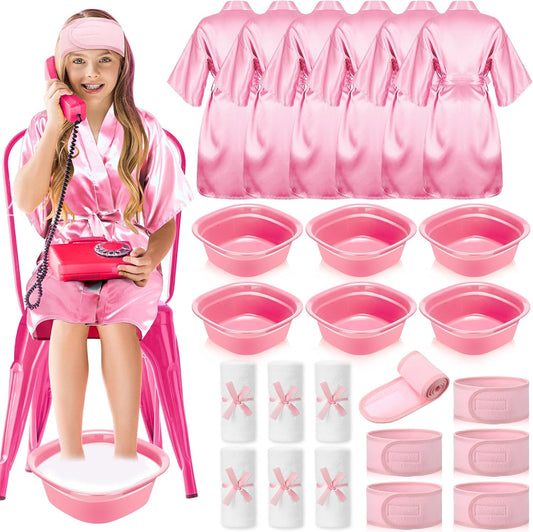 24 Pcs Kids Spa Party Supplies Includes 6 Spa Party Robes 6 Basins 6 Makeup Headband 6 Towels for Sleepover Bath