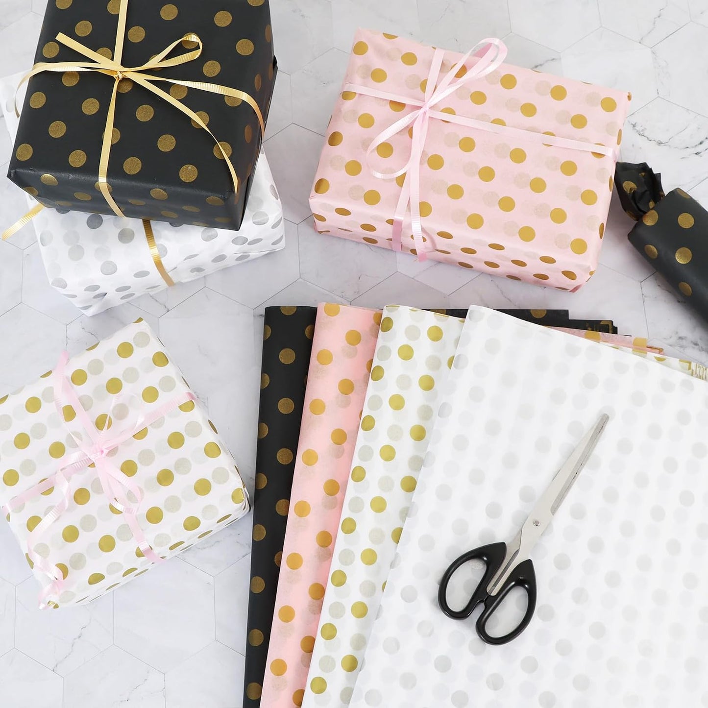 BEISHIDA Pink and Gold Tissue Paper Bulk, Polka Dot Wrapping Tissue Paper for Gift Bags, 14 x 20 Inch Gift Wrap for Christmas Birthday Wedding Graduation DIY Crafts Holiday Flowers,50 Sheets
