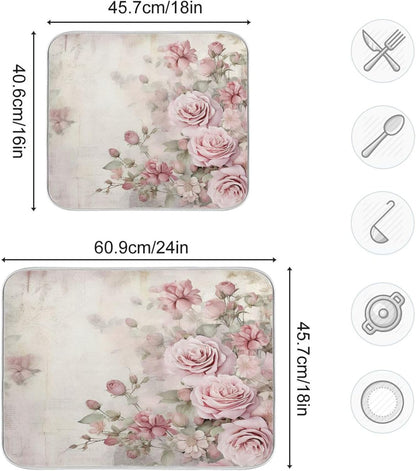Flower Dish Drying Mat for Kitchen Counter, Vintage Pink Rose Drying Pad Absorbent Dishes Drainer Mats Trivet 16 x 18 Inch