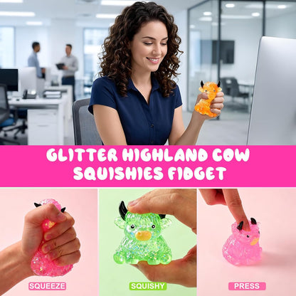 Glitter Highland Cow Squishies Fidget, Glitter Slow Rising Stress Ball for Adults, Soft Sensory Desk Decor,Cow Lover Gift (Pink)