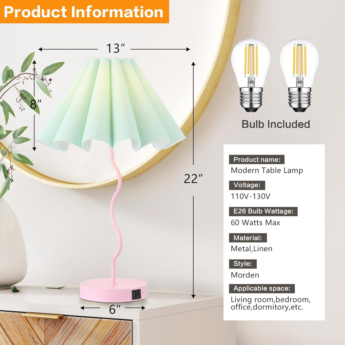 EOEYYOYB Table Lamp for Bedroom Nightstand Modern Touch Green Pink Lamp Dimmable Lamp for Living Room End Table with USB Port and Outlet