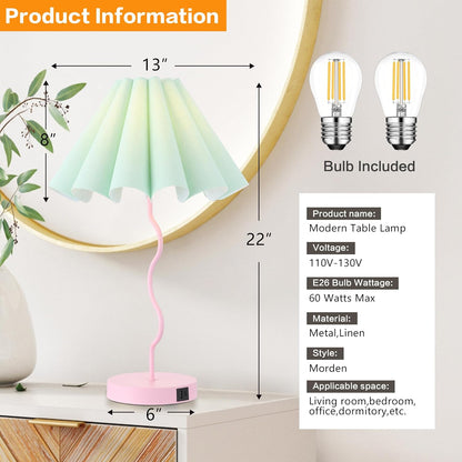 EOEYYOYB Table Lamp for Bedroom Nightstand Modern Touch Green Pink Lamp Dimmable Lamp for Living Room End Table with USB Port and Outlet