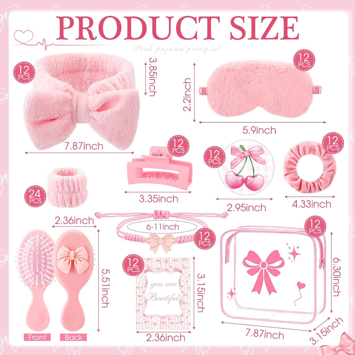 Honeydak 120 Pcs Pink Spa Sleepover Party Favors Coquette Bow Bracelets Eye Mask Wristband Scrunchie Spa Headband Mirror Hair Comb Bow Cards Claw Clips Bowknot Makeup Bags for Slumber Party Supplies