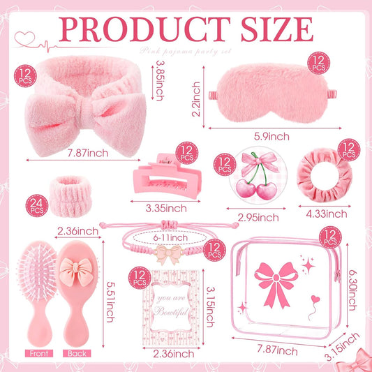 Honeydak 120 Pcs Pink Spa Sleepover Party Favors Coquette Bow Bracelets Eye Mask Wristband Scrunchie Spa Headband Mirror Hair Comb Bow Cards Claw Clips Bowknot Makeup Bags for Slumber Party Supplies