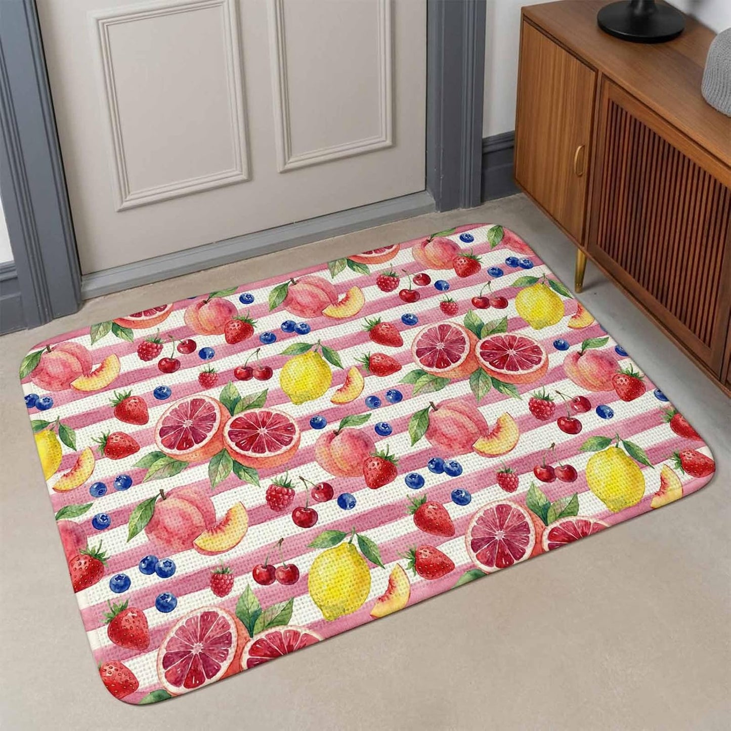Summer Peach Lemon Grapefruit Doormat 20"x31",Absorbent Front Door Mat Non Slip Welcome Mat, Blueberry Strawberry Pink Stripe Indoor Mats Entryway Rug for Bedroom Kitchen Bathroom