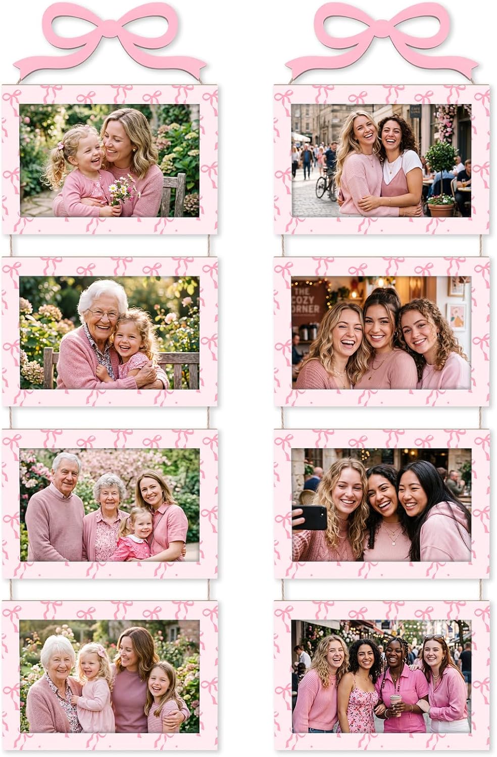 Novabright 2 Sets 4 x 6 Pink Bow Collage Picture Frames Wall Hanging with 8 Openings Coquette Pink Wooden Collage Photo Frames Wall Mounted Preppy Aesthetic Room Decor for Women Bedroom Living Room