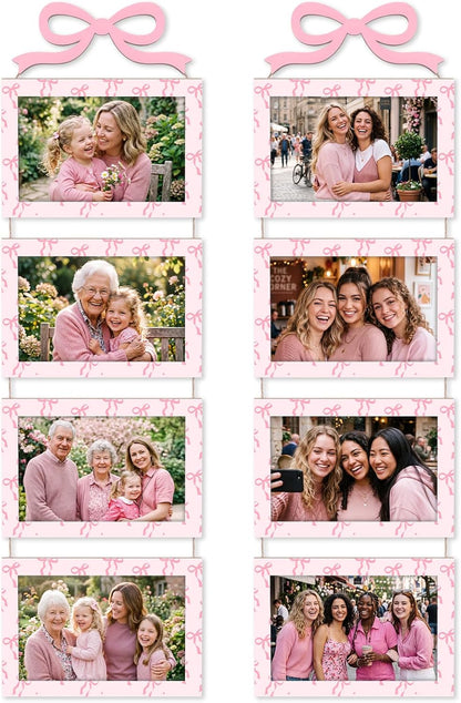 Novabright 2 Sets 4 x 6 Pink Bow Collage Picture Frames Wall Hanging with 8 Openings Coquette Pink Wooden Collage Photo Frames Wall Mounted Preppy Aesthetic Room Decor for Women Bedroom Living Room