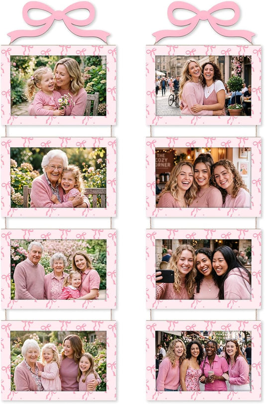 Novabright 2 Sets 4 x 6 Pink Bow Collage Picture Frames Wall Hanging with 8 Openings Coquette Pink Wooden Collage Photo Frames Wall Mounted Preppy Aesthetic Room Decor for Women Bedroom Living Room