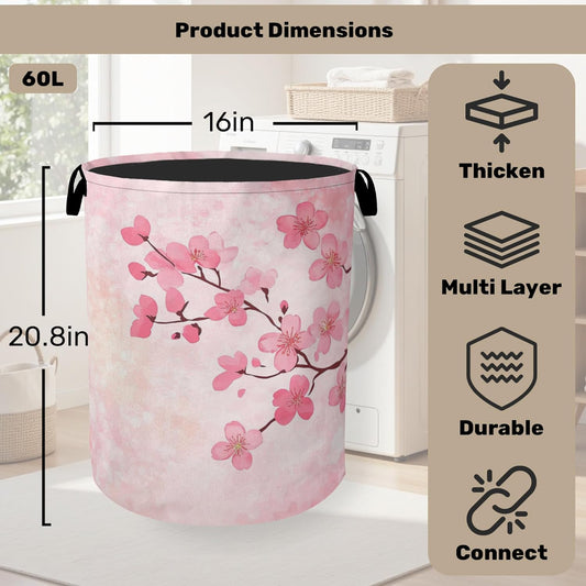 Pink Cherry Blossoms Laundry Basket - Extra Large Foldable Laundry Hamper for Bathroom/Laundry/Bedroom/Dorm, Washable Fabric Storage Bin with Handles
