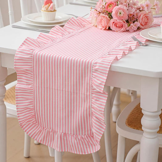 Pink Stripe Ruffled Table Runner 72 Inches Long Scalloped Table Runner Rustic Cotton Tabletop Farmhouse Decor for Baby Shower Bride Shower Birthday Party Holiday Wedding