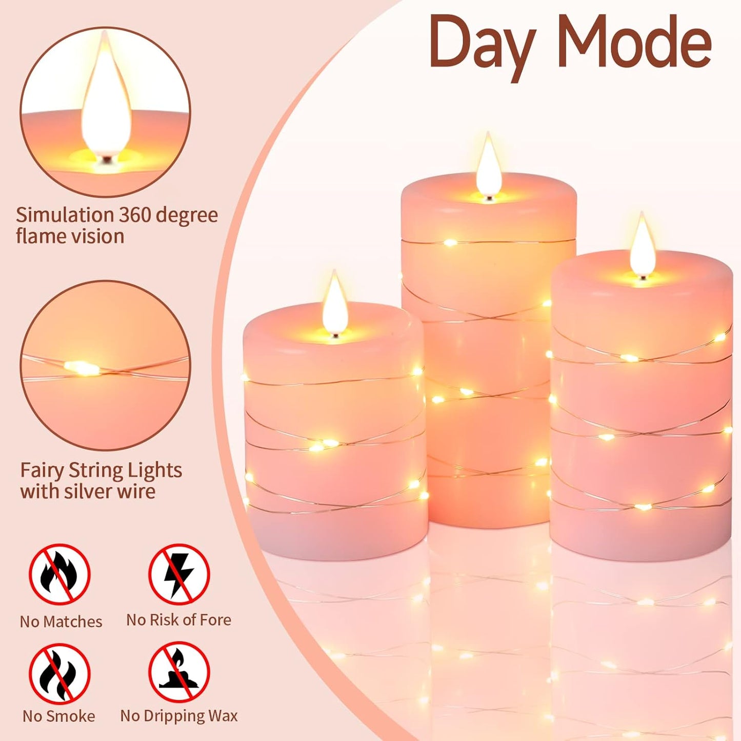 Da by 3 Pack Pink Real Wax Flameless Taper Candles, Lifelike Flickering LED Flame Candles with Surrounding Fairy String Lights, Soft Warm Battery Candles with Remote for Home Wedding Party Decor