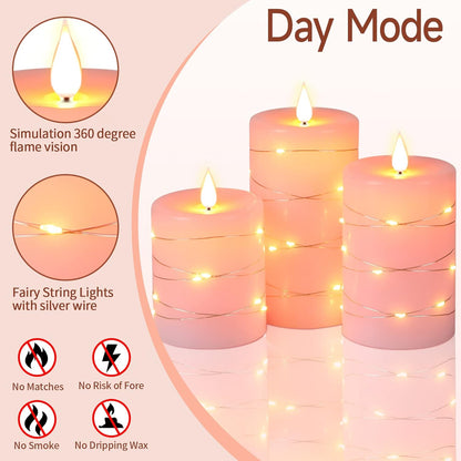 Da by 3 Pack Pink Real Wax Flameless Taper Candles, Lifelike Flickering LED Flame Candles with Surrounding Fairy String Lights, Soft Warm Battery Candles with Remote for Home Wedding Party Decor