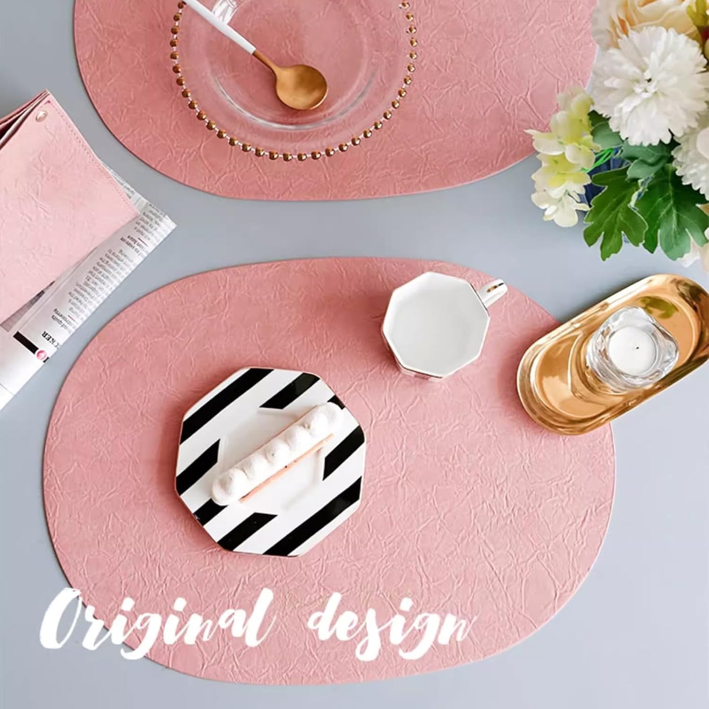 Welan PU Leather Oval Placemats Set of 4, Washable Easy Clean Heat Resistant for Dining Table Kitchen Decor (Pink)