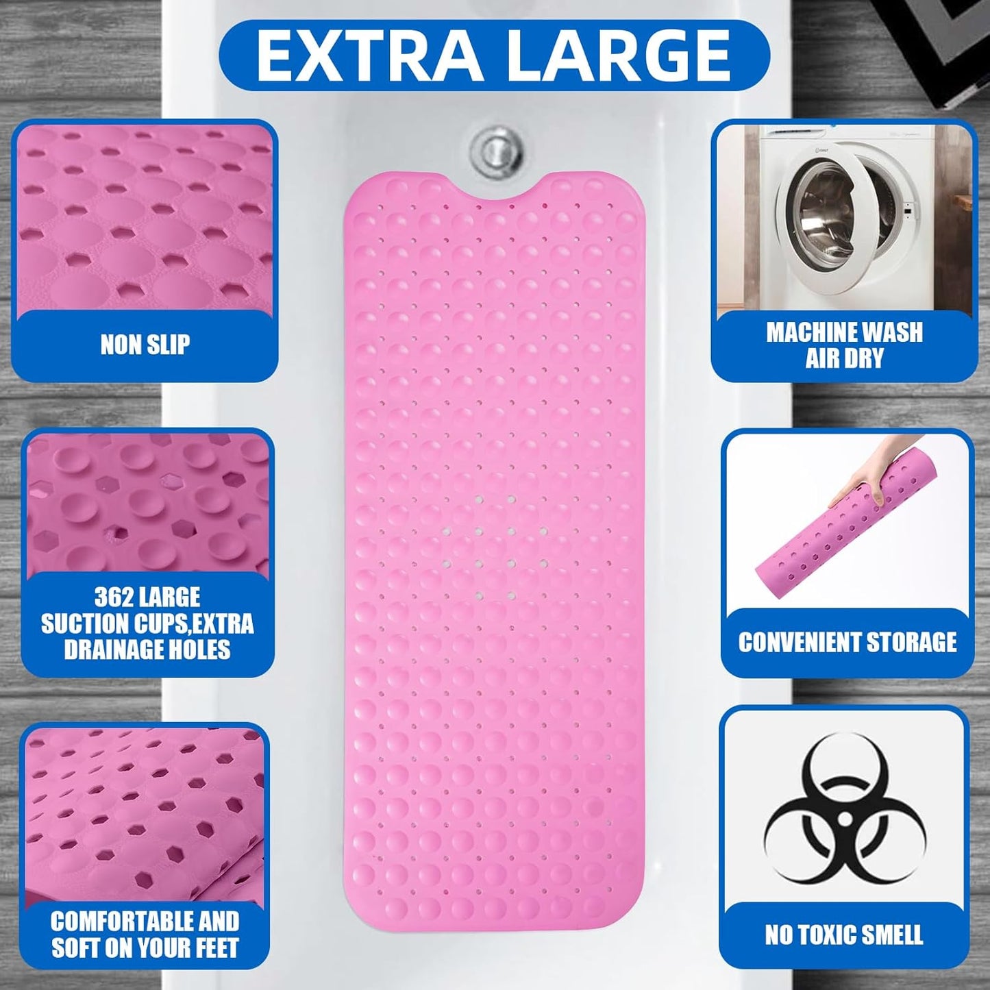 ZHICHENG Bath Tub and Shower Mats, Non-Slip 39 x 16 Inch Extra Long Bath Mat, Machine Washable Bathtub Mat with Drain Holes, Suction Cups for Bathroom (Pink)