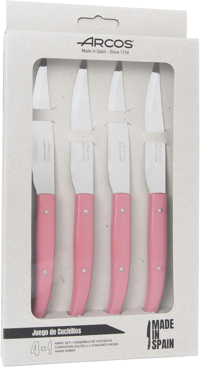Arcos Table Knives - Steak Knives Set 4 pieces - Blade Nitrum Stainless Steel 4" / 110 mm - Smooth Edge - Polypropylene Handle - Pink Color