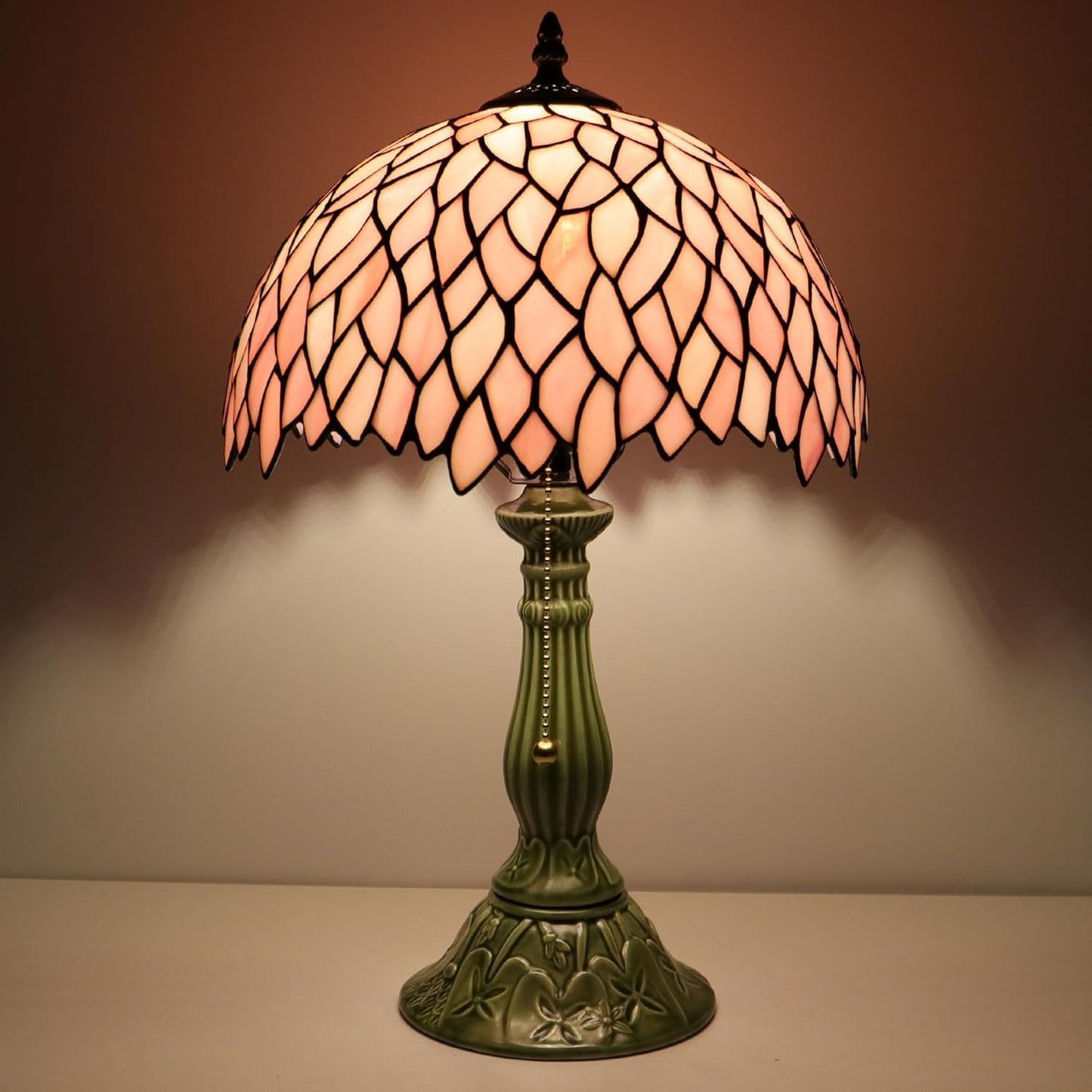 Tiffany Lamp Stained Glass Table Lamps Pink Leaf Style Desk Lamp12X12X18.5 Inch Bronze Ceramic Base Reading Light Suitable for Bedside Bedroom Living Room Dining Room Office