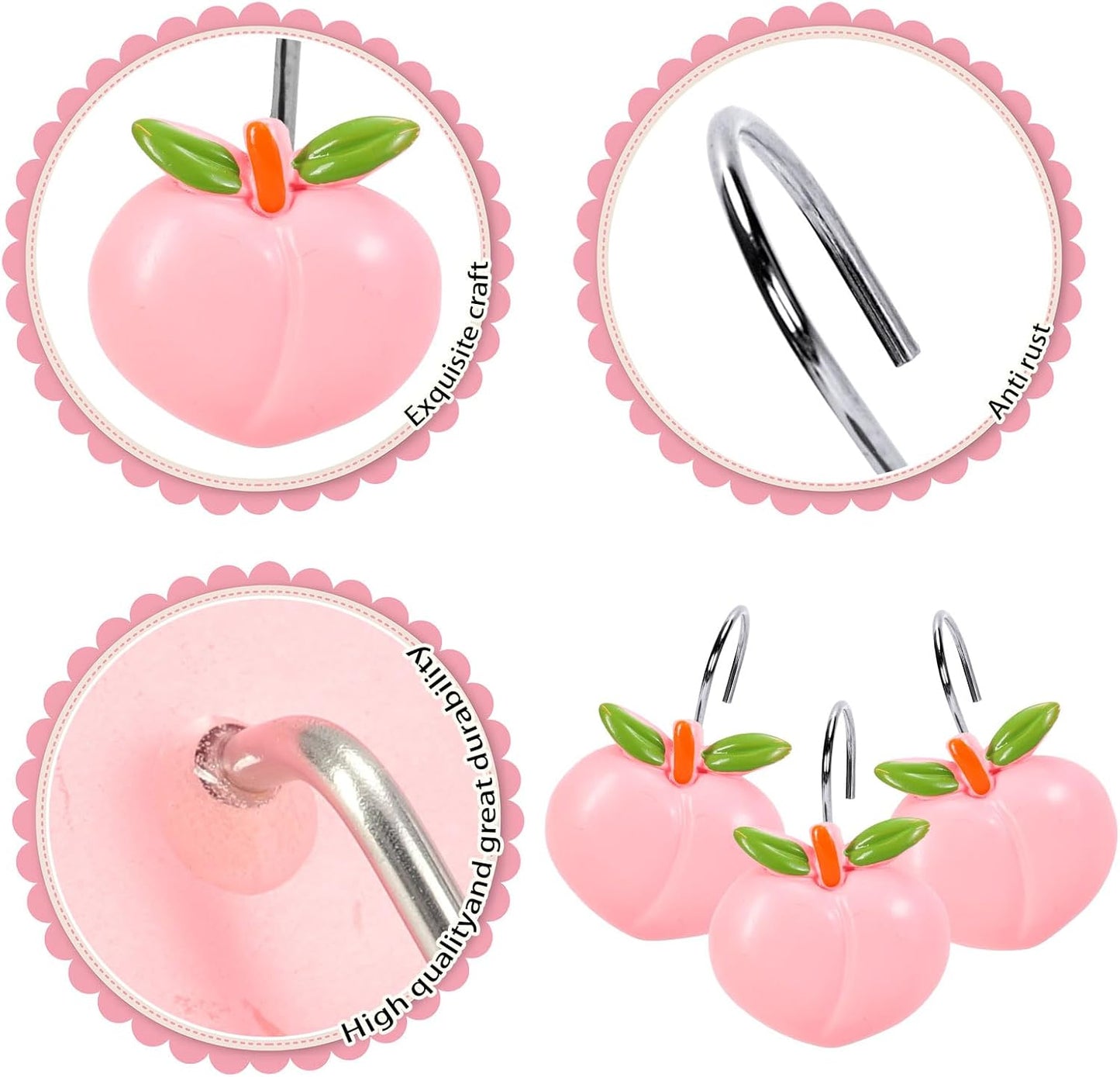 Whaline 12Pcs Peach Shower Curtain Hooks Decorative Shower Rod Rings Cute Fruit Resin Curtain Hanger Hooks for Summer Living Room Bedroom Bathroom Decor