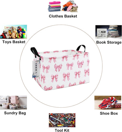 Rectangular Pink Bow Storage Basket,Collapsible Storage Bin for Nursery,Cute Bow Toy Storage Organizer for Kids Girls,for Home,Bedroom,Playroom,Closet,New Parent Gift(Pink Knot)