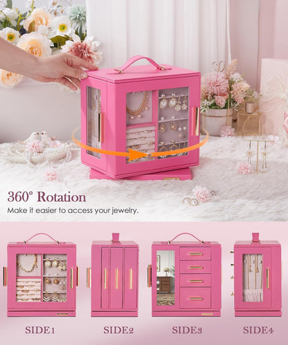 Homde Jewelry Box 360° Rotating, Necklace Earring Organizer with Transparent Window, Mirror, 7 Drawers, Large Ring Display Storage Case for Girls Women (Pink)